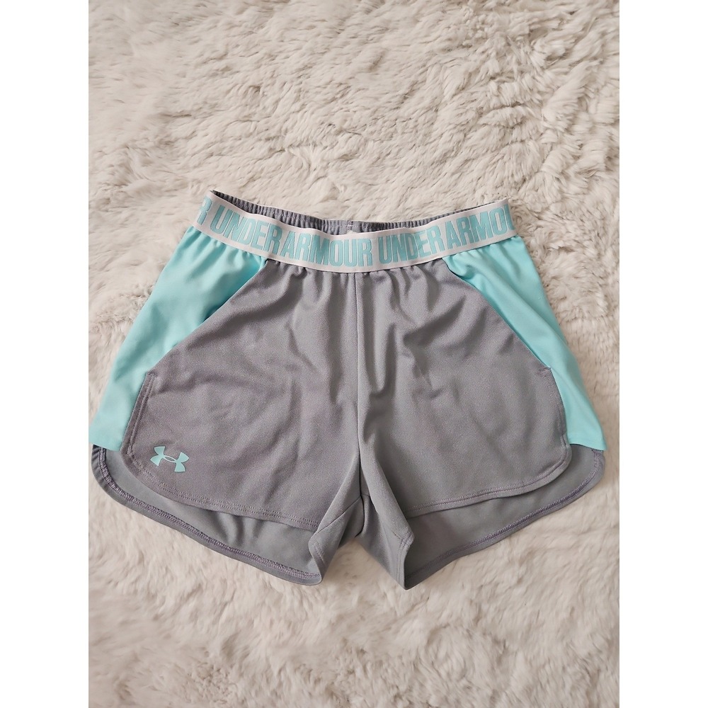 Women Under Armour HeatGear Athletic Shorts Gray Teal Logo Elastic Waist Size S